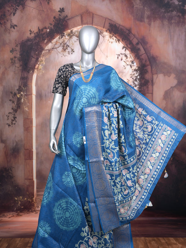Royal Blue with Blue - Semi Raw Silk Saree