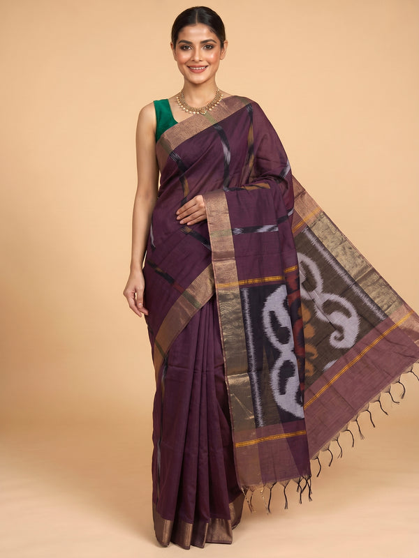 Deep Wine with Black - Pochampalli Cotton Saree