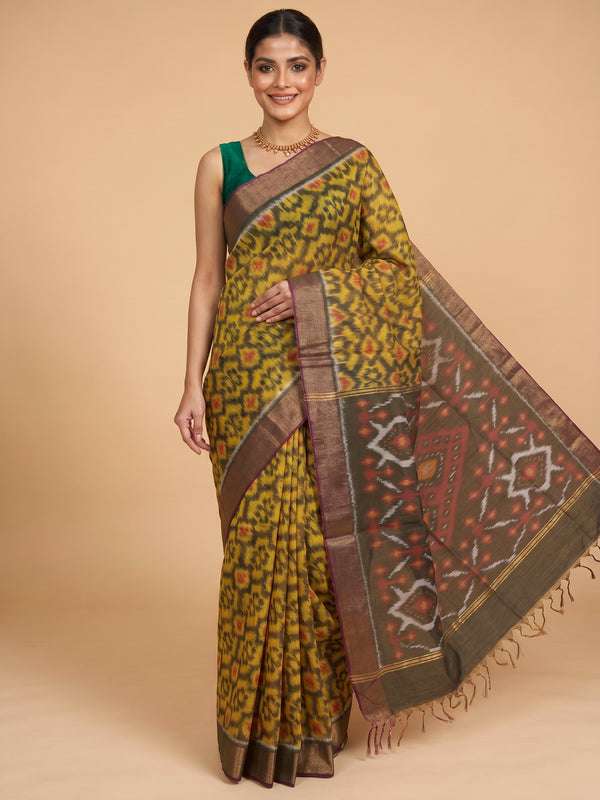 Yellow with Charcoal Grey - Pochampalli Cotton Saree