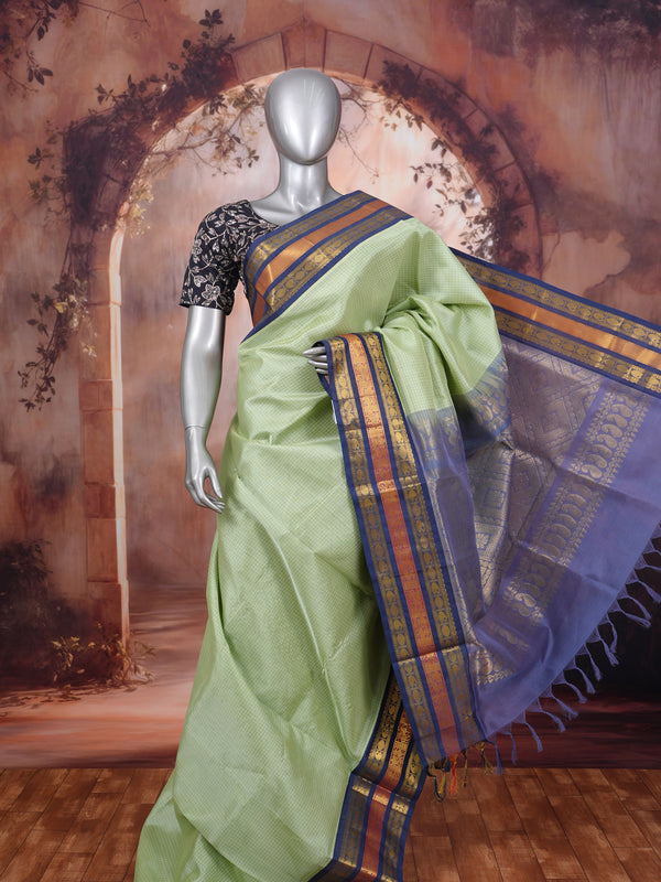 Elegant Pastel Green with Indigo Blue Zari Border Pure Silk Cotton Saree