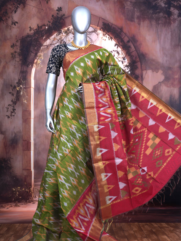 Olive Green with Red - Pochampalli Cotton Saree