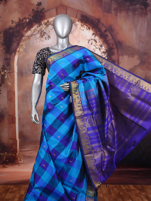 Royal Blue and Turquoise with Checked Kattam Weave Pure Silk Cotton Saree