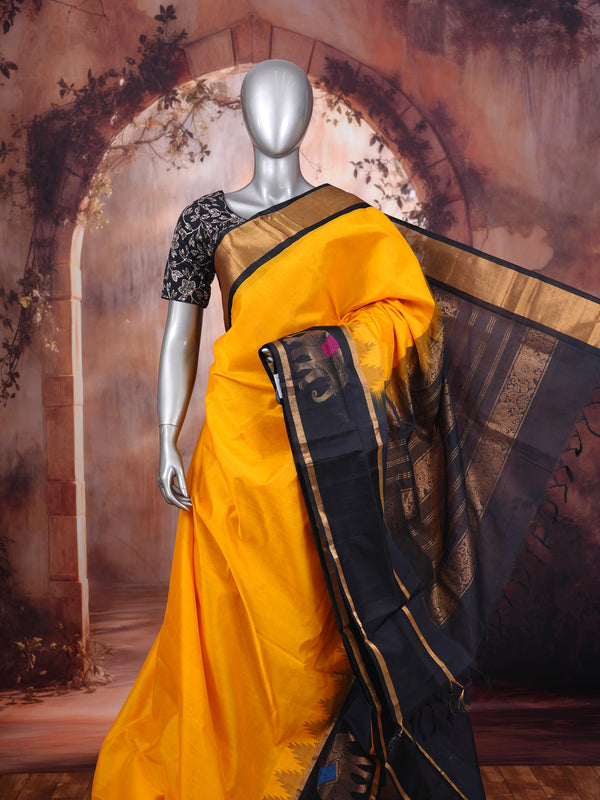 Vibrant Mustard Yellow and Black Pure Silk Cotton Saree