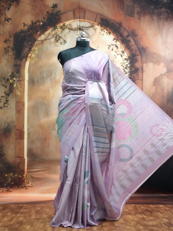 Lavender with Multi-Color Geometric Pallu - Semi Tussar Saree
