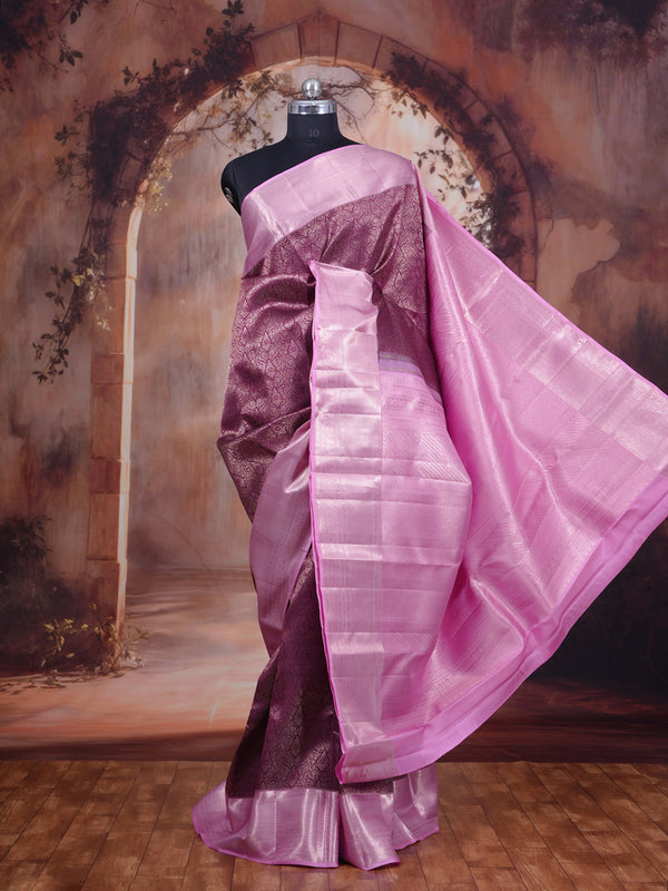 Alluring Wine Purple and Pastel Pink Pure Kanjivaram Silk Saree
