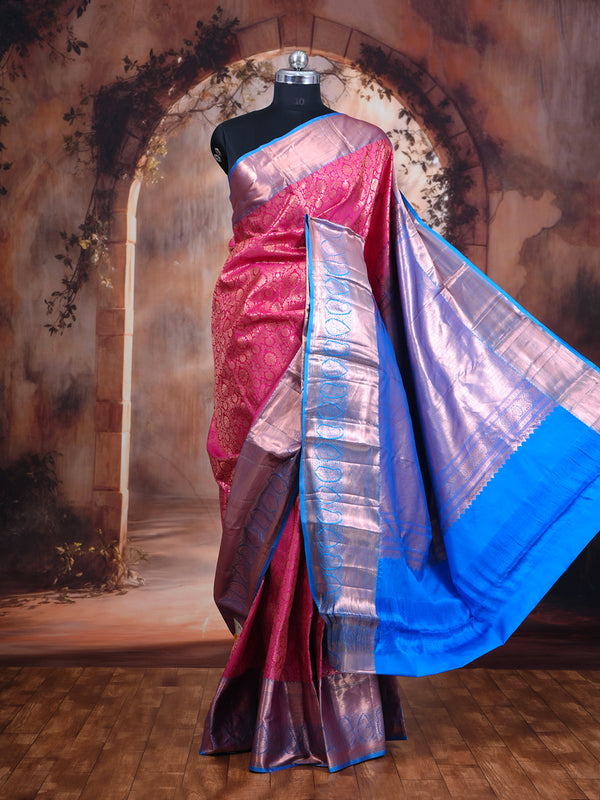 Pink and Sky Blue Kanchipuram Pure Mix Saree
