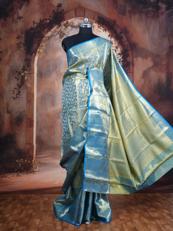 Luminous Olive Green and Electric Blue Pure Kanjivaram Silk Saree