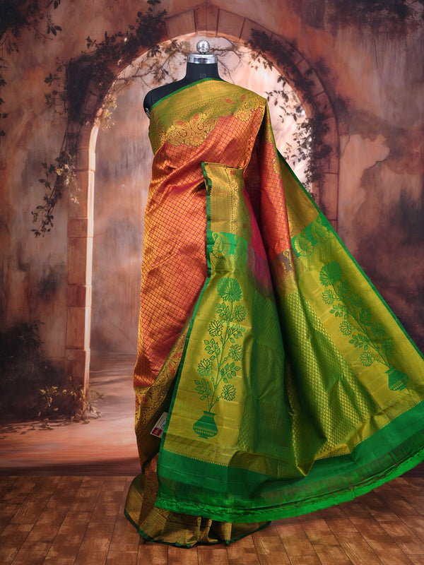 Crimson Pink and Parrot Green Pure Kanchipuram Silk Saree