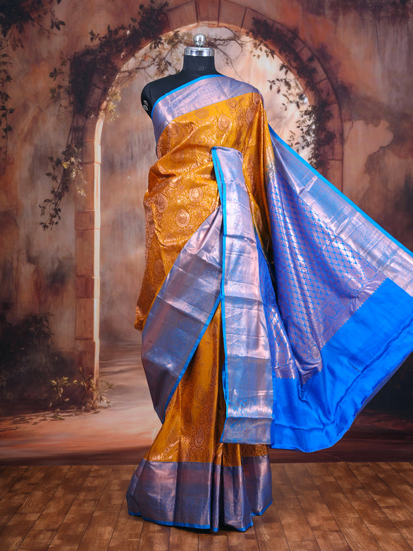 Mustard Yellow and Sky Blue Kanchipuram Pure Mix Saree