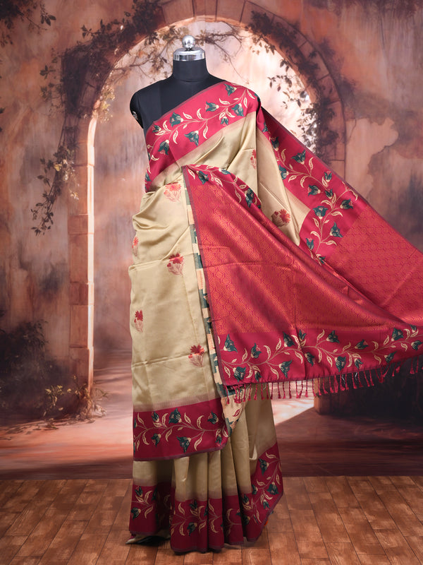 Beige and Magenta Fancy Silk Saree