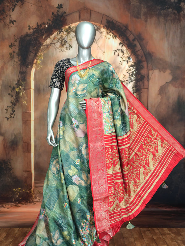 Green with Red - Semi Raw Silk Saree
