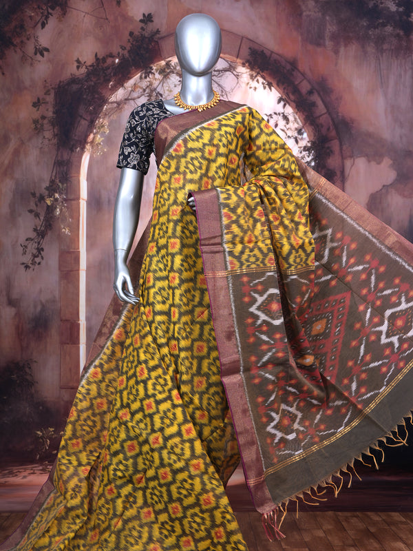 Yellow with Charcoal Grey - Pochampalli Cotton Saree