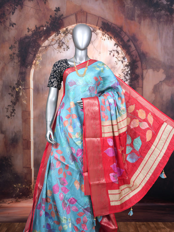 Sky Blue with Crimson Red - Semi Raw Silk Saree