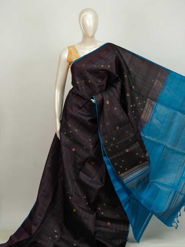 Dark brown Kanchipuram Pure Mix saree with blue checks, gold zari buttas and contrast peacock blue zari pallu and border
