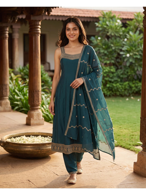 Teal embroidered art silk A-line kurti set with gold zari work and matching dupatta