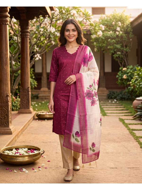 Magenta zari buti kurti set with beige pants and cream floral printed dupatta