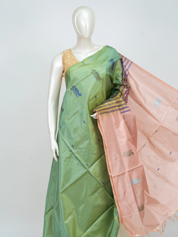 Green and peach Banana Silk saree with woven paisley motifs and striped contrast border