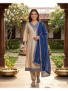 Beige with Royal Blue Dupatta Ready Made Umbrella Kurti Set