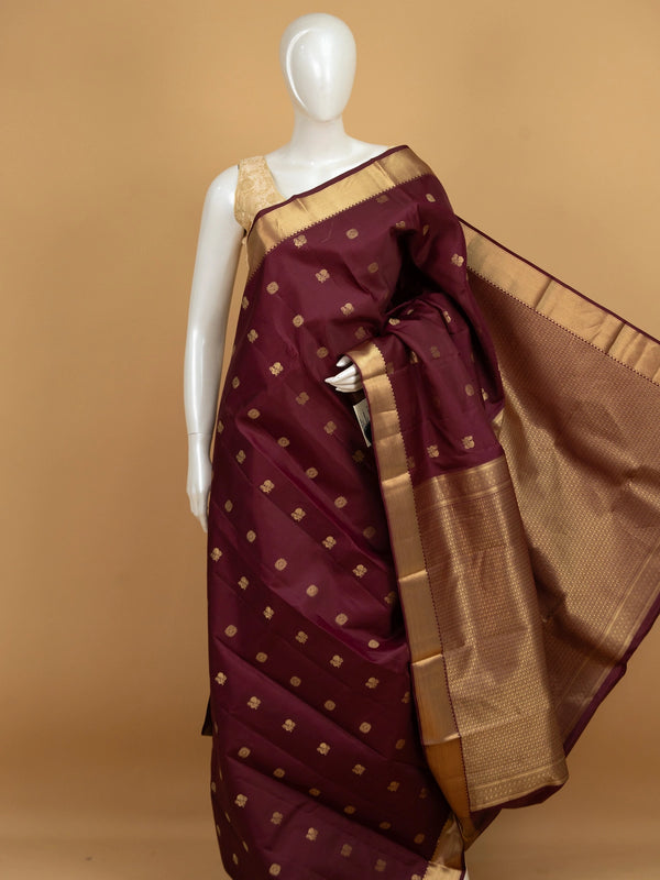 Maroon pure Kanchipuram silk saree with gold zari buttas and contrast zari border