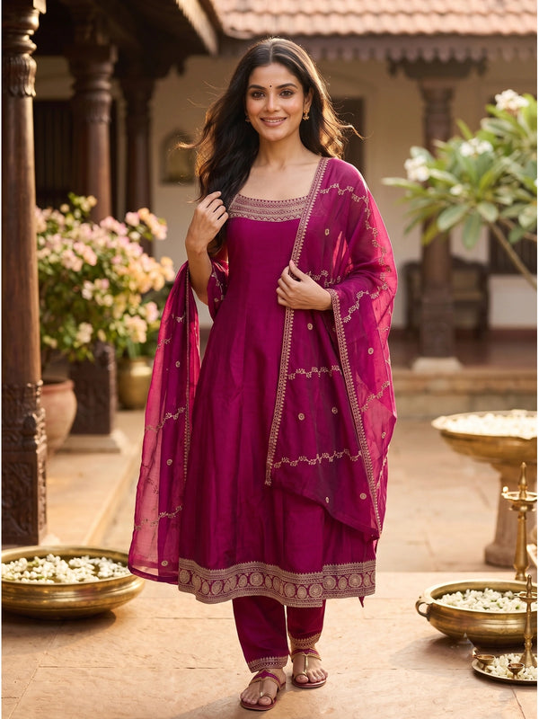 Rani Pink zari embroidered sleeveless A-line kurti set with straight pants and matching embroidered dupatta