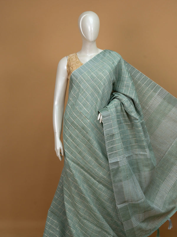 Sage green linen cotton saree with gold zari checked pattern and striped pallu