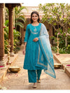 Teal Blue Embroidered Umbrella Kurti Set with Ombre Dupatta