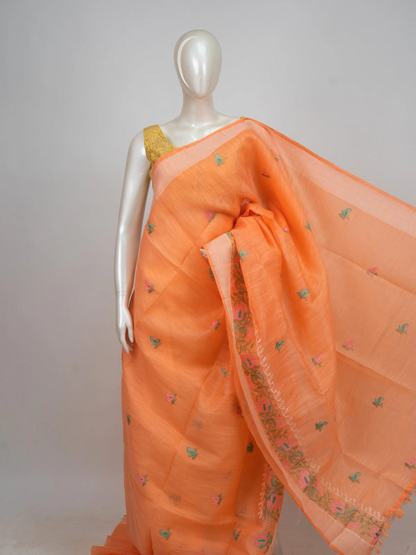 Orange linen cotton saree with silver zari border, paisley embroidery and contrast yellow blouse