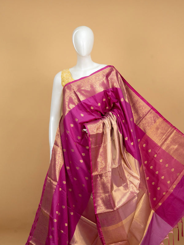 Magenta Kanchi semi silk saree with gold zari buttas, contrast zari border and cream-gold tissue pallu