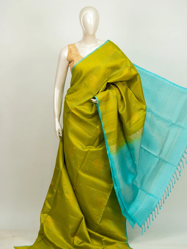 Mehendi green Kanchipuram Pure Mix saree with turquoise blue contrast border and gold zari buttas