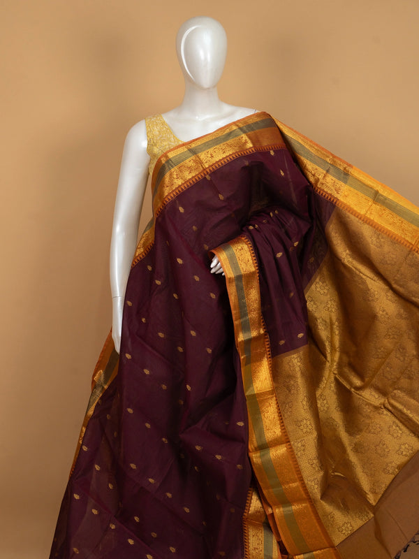 Wine Chettinad cotton saree with gold zari buttas and contrast mustard-gold temple border