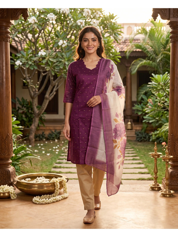 Purple zari butti kurti set with floral cream dupatta and beige straight pants