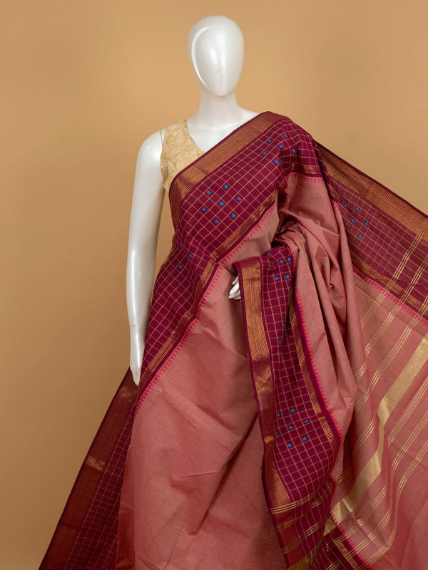 Wine magenta and rose pink Chettinad cotton saree with gold zari checks, blue buttas and temple-thread border