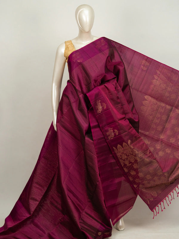 Magenta pure soft silk saree with gold zari checks, elephant motifs and ornate zari pallu