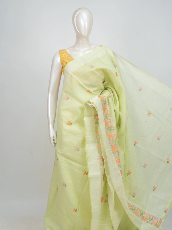 Pastel green linen cotton saree with pink and orange floral embroidery and cream contrast border
