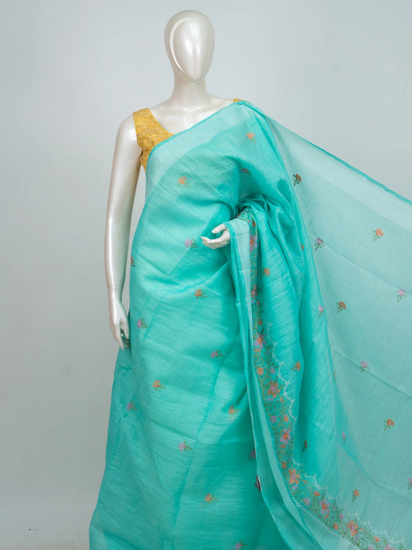 Aqua turquoise linen cotton saree with floral embroidery buttis, silver zari border and embroidered floral pallu