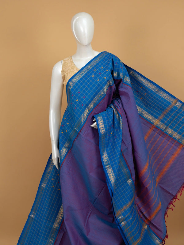 Royal blue Chettinad cotton saree with checked body, floral buttas and contrast purple striped pallu