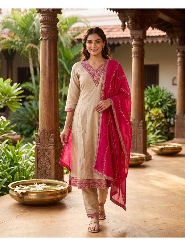 Beige embroidered kurti set with rani pink zari dupatta and straight pants