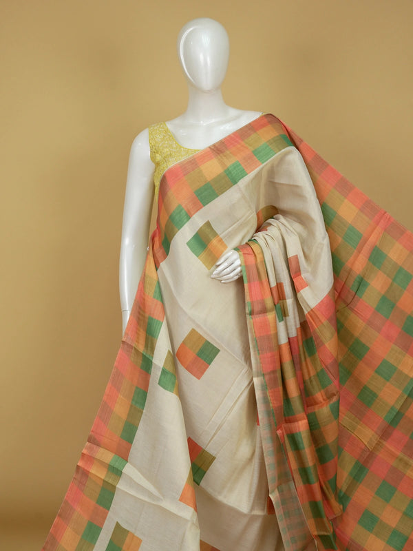 Cream linen cotton saree with multicoloured checked border, scattered square motifs and checked pallu