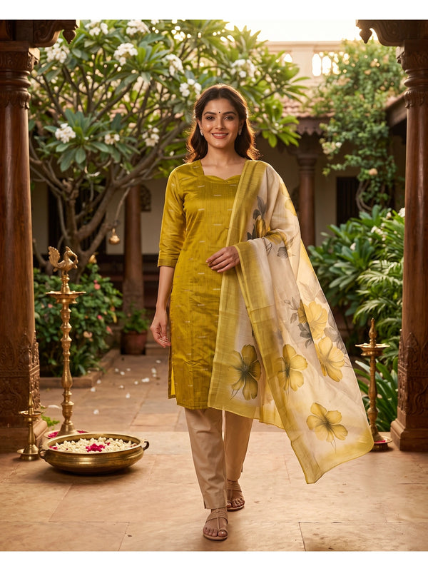 Mustard green textured silk kurti set with zari butis, beige straight pants and floral print cream dupatta