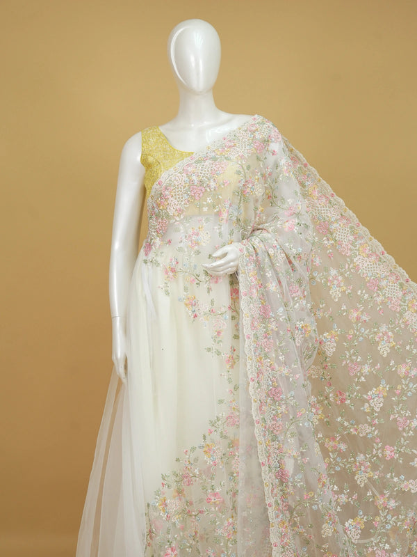 Cream net designer saree with pastel multicolour floral embroidery and scalloped border
