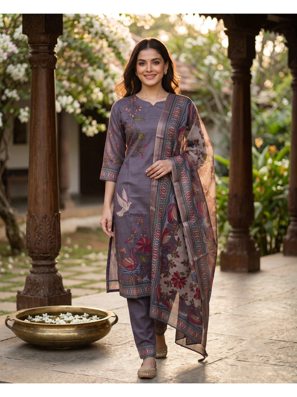 Mauve Kalamkari print straight kurti set with beige peacock print contrast dupatta and matching pants