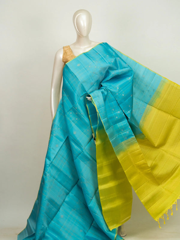 Turquoise blue Kanchipuram pure mix saree with gold zari checks and contrast lime-yellow border and pallu