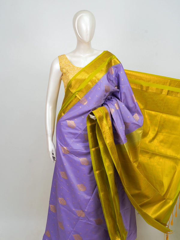 Lavender semi silk saree with contrast lime-green gold zari border and pallu