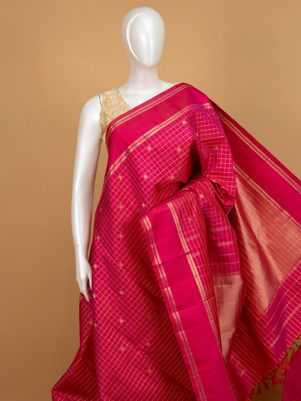 Rani pink pure Kanchipuram silk saree with gold zari checks and contrast border