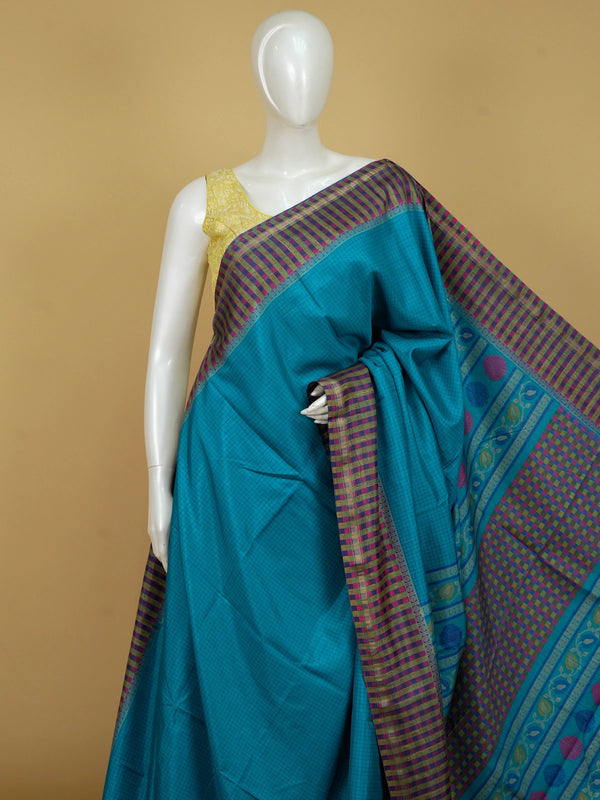 Peacock blue Dola silk saree with contrast multicoloured checked border and patterned pallu