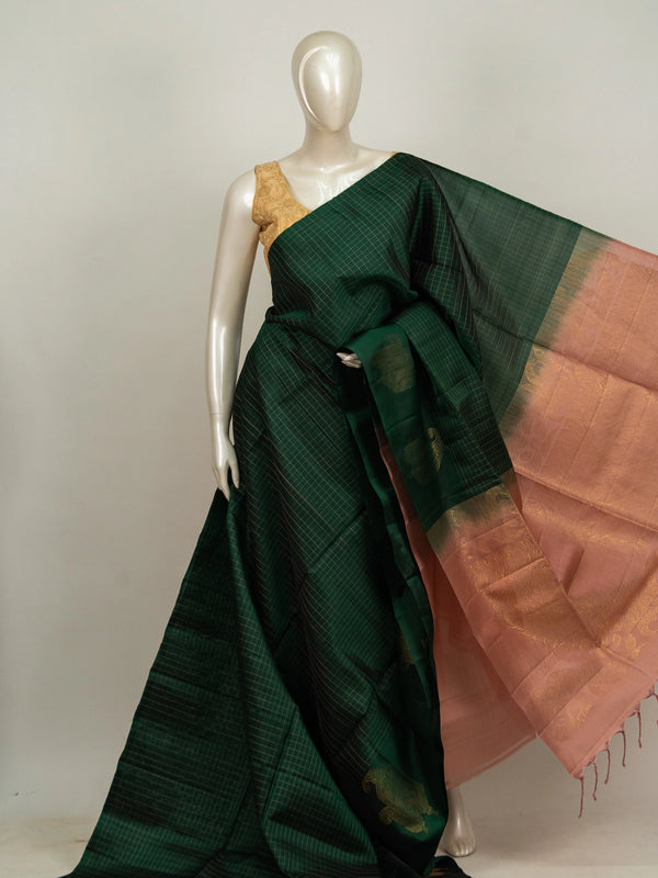 Dark green Kanchipuram pure mix saree with gold zari checks and contrast peach zari border and pallu