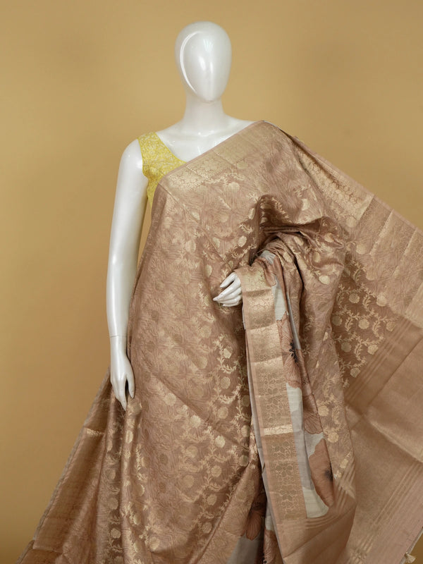 Beige and gold semi tussar saree with woven zari floral jaal and floral print pallu