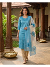Sky Blue with Floral Cream Dupatta Ready Made Straight Cut Salwar Set