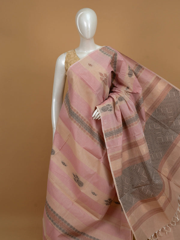 Pink and beige silk cotton saree with striped body, floral buttas and contrast geometric woven border