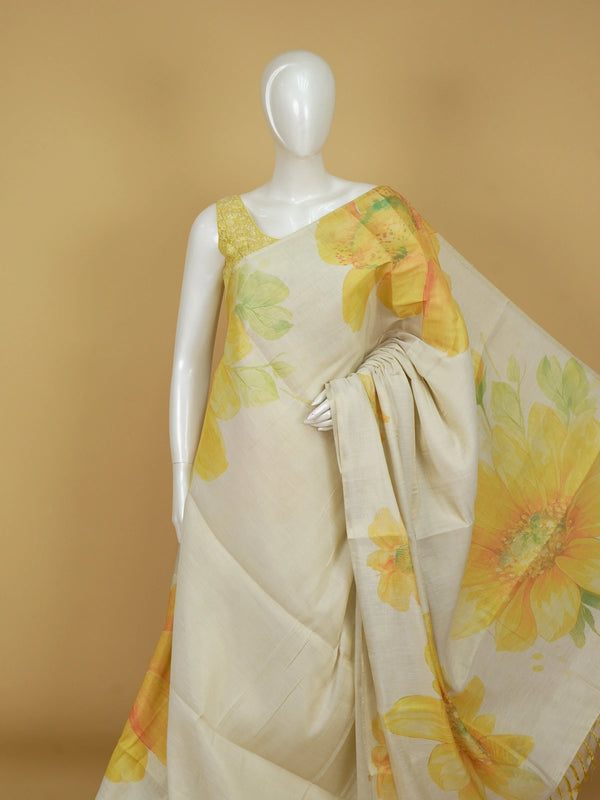 Cream linen cotton saree with yellow watercolour floral print and matching blouse